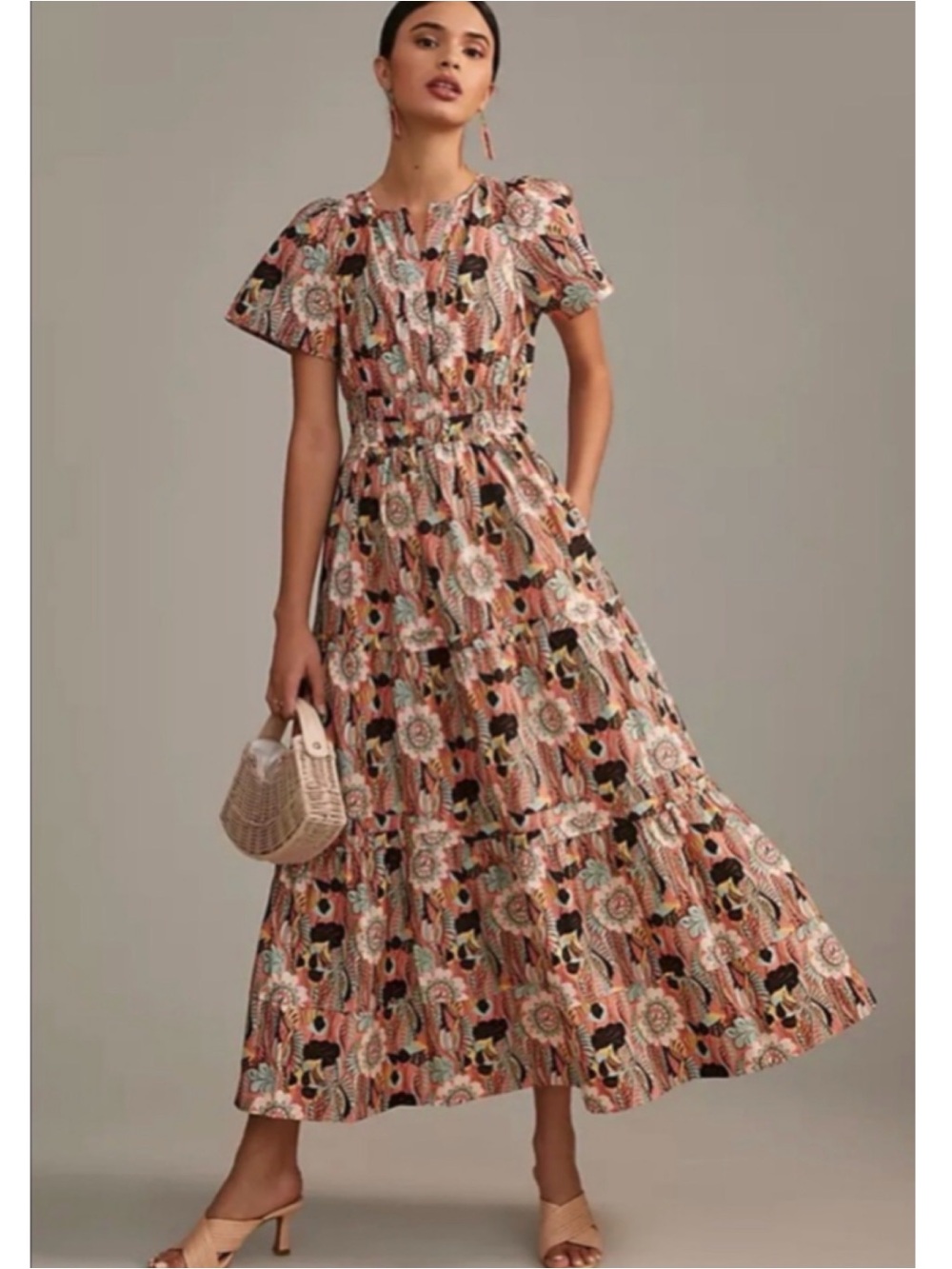 NWT Anthro Somerset Tiered Maxi Dress POCKETS Pastel Coral Mint Floral Small